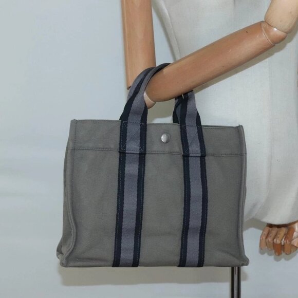HERMES Fourre Tout PM Hand Bag Canvas Gray Navy Auth 136396 - Picture 15 of 16
